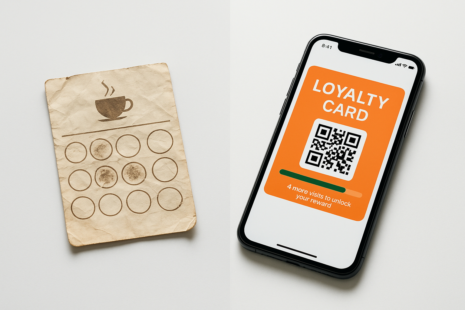 Смартфон с цифровой картой лояльности кофейни в Apple Wallet, где показаны пять накопленных штампов до бесплатного кофе