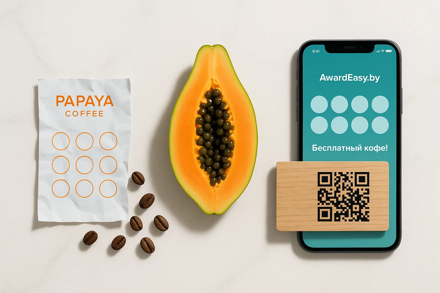 Напечатанные и размещенные на стойке кофейни Papaya coffee QR-коды для цифровой карты лояльности AwardEasy.by