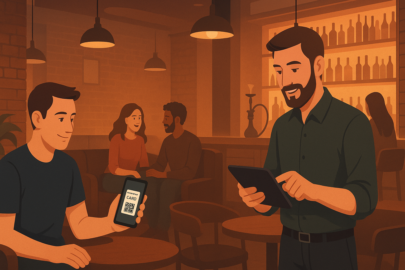 Экран мобильного приложения AwardEasy с цифровой картой лояльности на фоне интерьера кальян-бара The Office