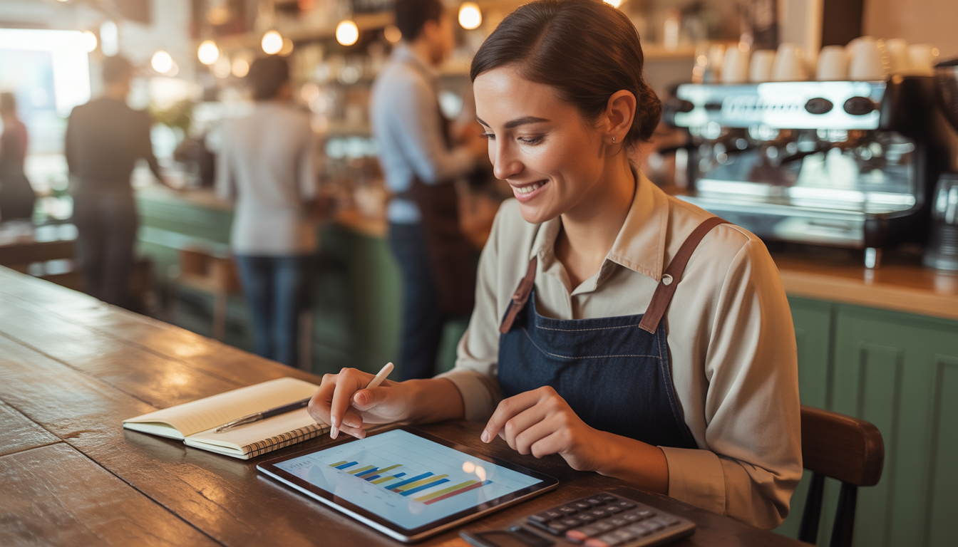 Инфографика с пятью ключевыми показателями малого бизнеса: наличностью, средним чеком, стоимостью привлечения, конверсией и маржинальностью на фоне чашки кофе
