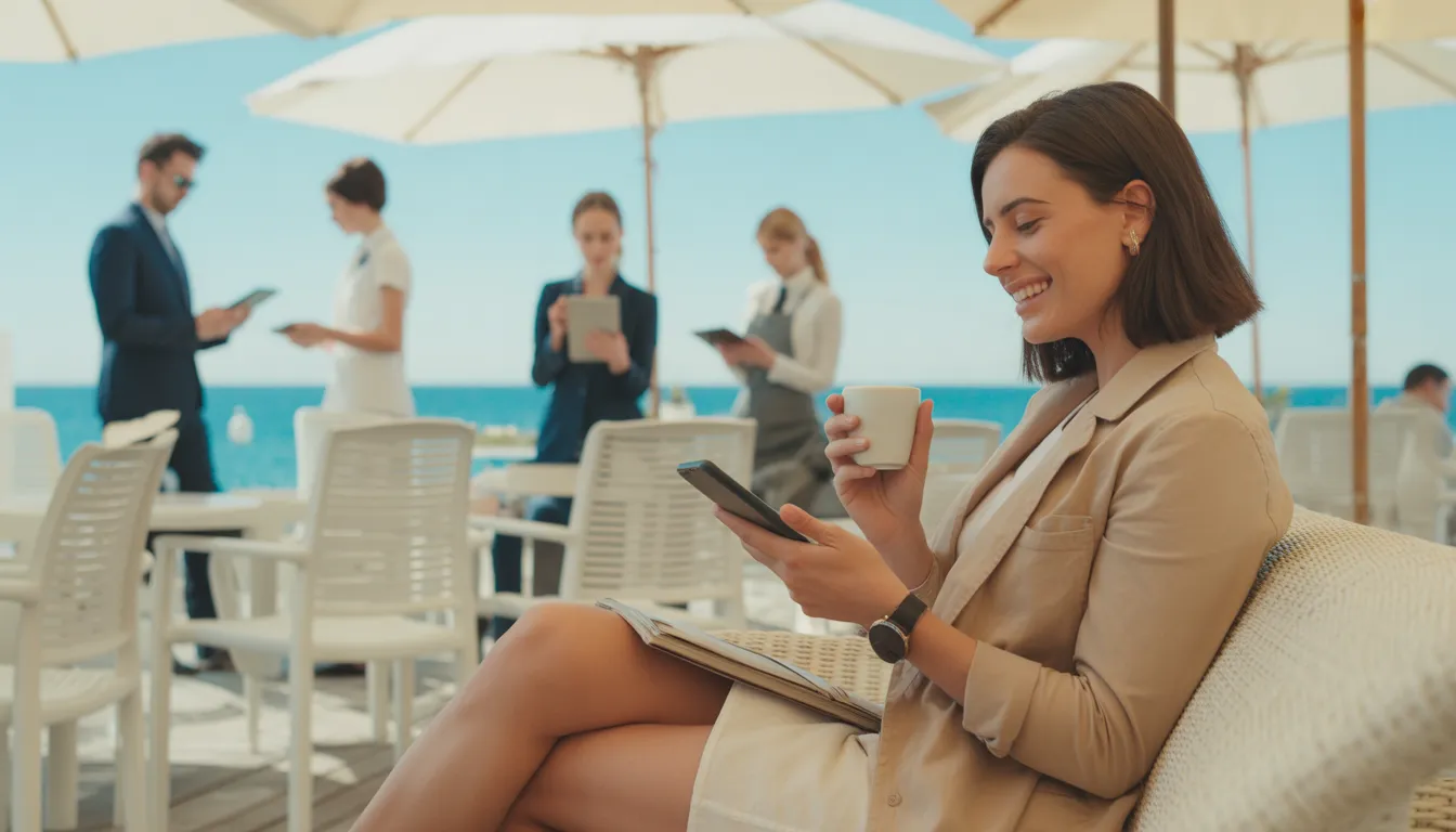 Предприниматель на пляжном шезлонге в отпуске получает голосовые уведомления команды на смартфон